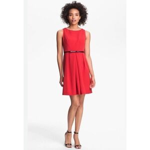 Adrianna Papell Red Sleeveless Pleated Fit and Flare Dress Black Belt Petite 4P